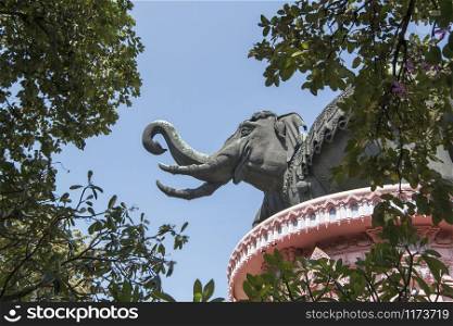 The 3 headed elephant statue of the Erewan Elephant Museum and temple in Samut Prakan nea the city of Bangkok in Thailand in Southest Asia. rThailand, Bangkok, November, 2019. THAILAND BANGKOK EREWAN MUSEUM