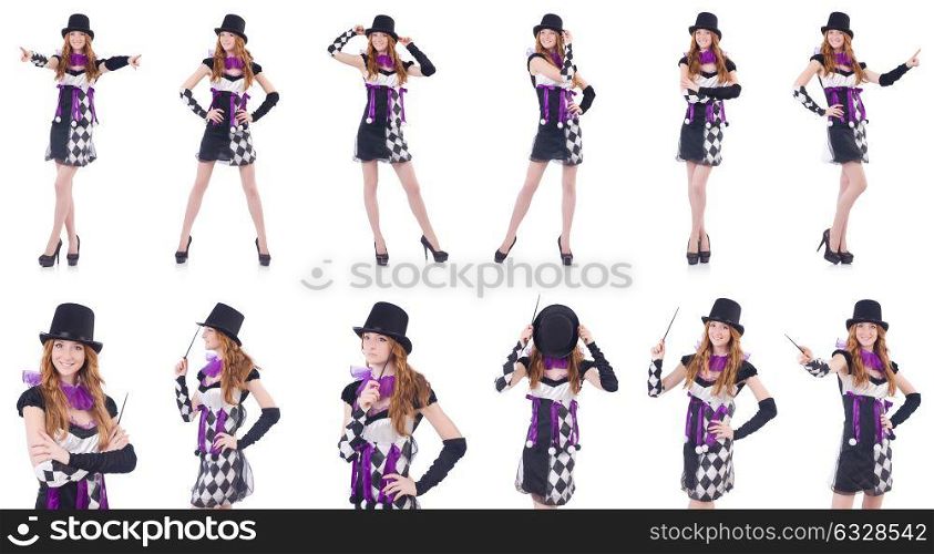 The a girl in harlequin costume isolated on white. A girl in harlequin costume isolated on white