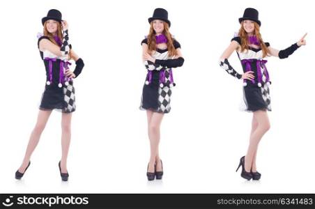The a girl in harlequin costume isolated on white. A girl in harlequin costume isolated on white