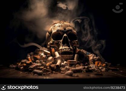 The abstract and artistic design of a human skull surrounded by smoke and cigarettes, representing the dangers of smoking on health, captured by AI Generative. No Tobacco Day