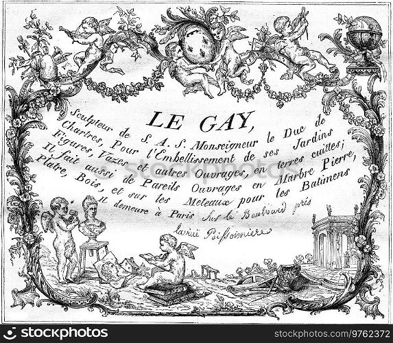 The address map of Gay, sculptor of the eighteenth century, vintage engraved illustration. Magasin Pittoresque 1877. 