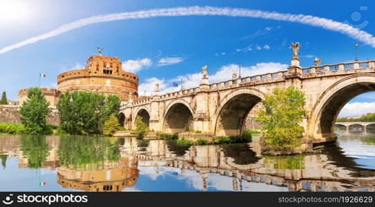 The Aelian Bridge over the Tiber and Castle Sant&rsquo;Angelo, Rome, Italy.. The Aelian Bridge over the Tiber and Castle Sant&rsquo;Angelo, Rome, Italy