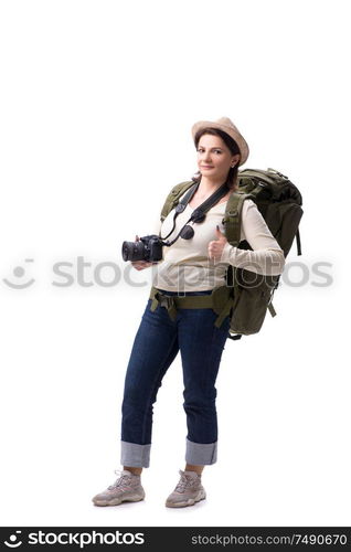 The aged female tourist isolated on white. Aged female tourist isolated on white