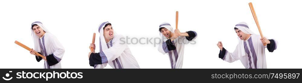 The aggressive arab man with baseball bat on white. Aggressive arab man with baseball bat on white