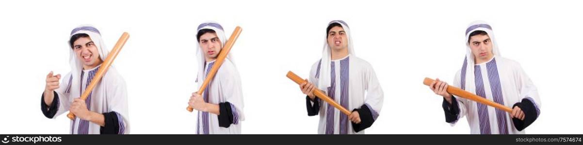The aggressive arab man with baseball bat on white. Aggressive arab man with baseball bat on white