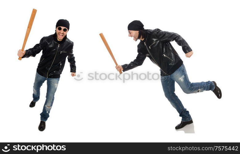 The aggressive man with baseball bat on white. Aggressive man with baseball bat on white