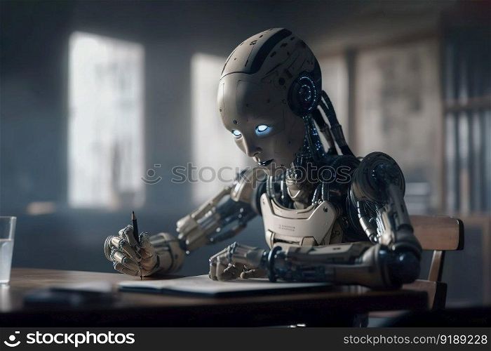 The Ai robot sitting at a table and studying in the classroom , Generate Ai