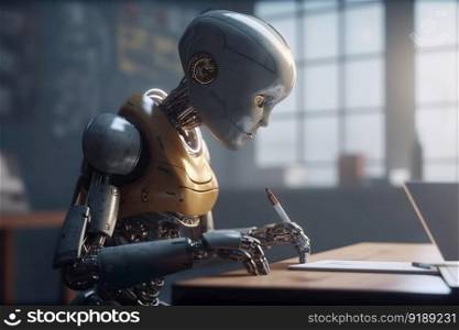 The Ai robot sitting at a table and studying in the classroom , Generate Ai