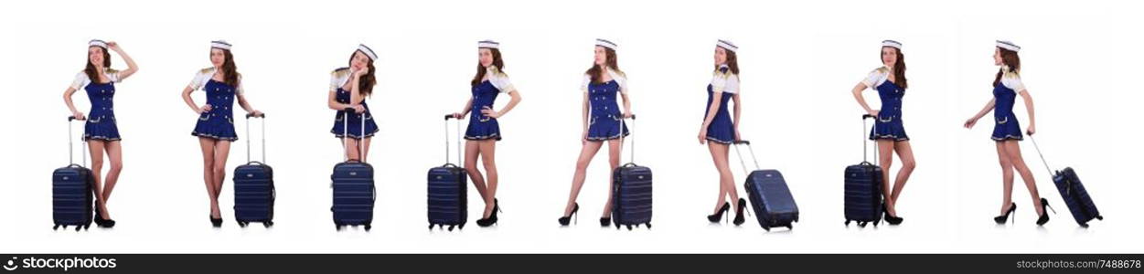 The airhostess with luggage on white. Airhostess with luggage on white
