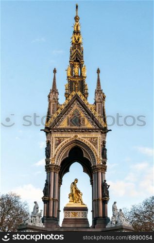 The Albert Memorial, Kensington Gardens, London, England. The Albert memorial was commissioned by Queen Victoria in memory of her beloved husband, Prince Albert