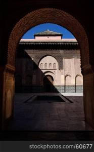 The Ali Ben Youssef Madrasa in Marrakesh, Morocco is former Islamic college and famous landmark.. Ali Ben Youssef Madrasa, Marrakesh, Morocco