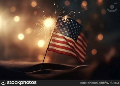The American flag wave through the night sky with lit sparkler and fireworks in the background. 4 july independence day . Concept Patriotic holiday. Generative AI.