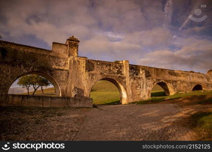 the Amoreira Aqueduct in the city of Elvas in Alentejo in Portugal. Portugal, Elvas, October, 2021