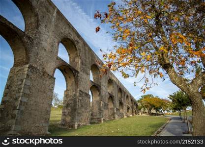 the Amoreira Aqueduct in the city of Elvas in Alentejo in Portugal. Portugal, Elvas, October, 2021