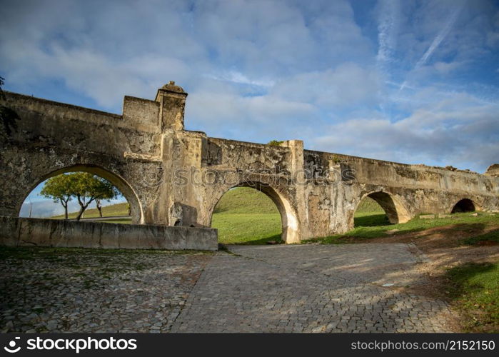 the Amoreira Aqueduct in the city of Elvas in Alentejo in Portugal. Portugal, Elvas, October, 2021