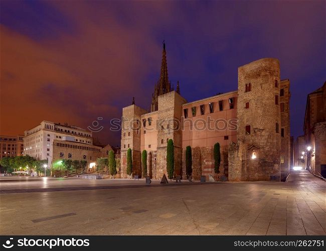 The ancient Roman gate and Nova Square at dawn. Barcelona, Spain.. Barcelona. The Roman Gates.