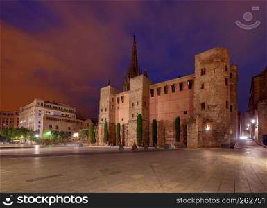 The ancient Roman gate and Nova Square at dawn. Barcelona, Spain.. Barcelona. The Roman Gates.