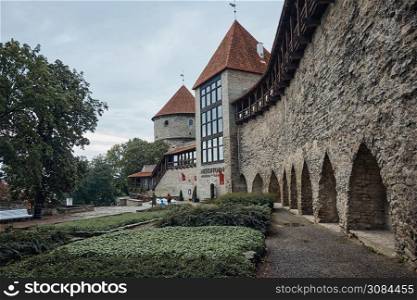 The ancient wall and towers of Tallinn old town on Toompea hill, Estonia