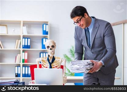 The angry boss yelling at his skeleton employee. Angry boss yelling at his skeleton employee