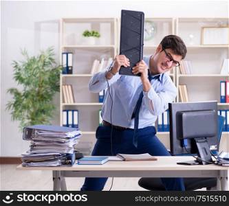 The angry businessman frustrated with too much work. Angry businessman frustrated with too much work