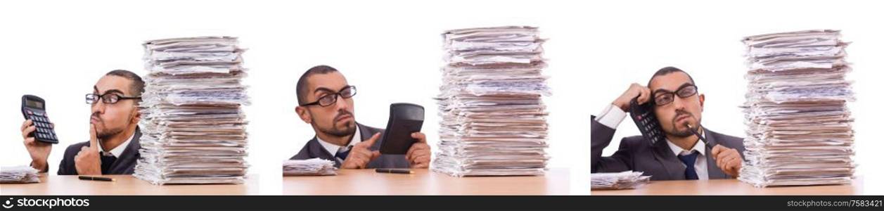 The angry businessman with stack of papers. Angry businessman with stack of papers