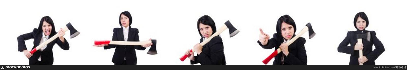 The angry businesswoman with axe on white. Angry businesswoman with axe on white