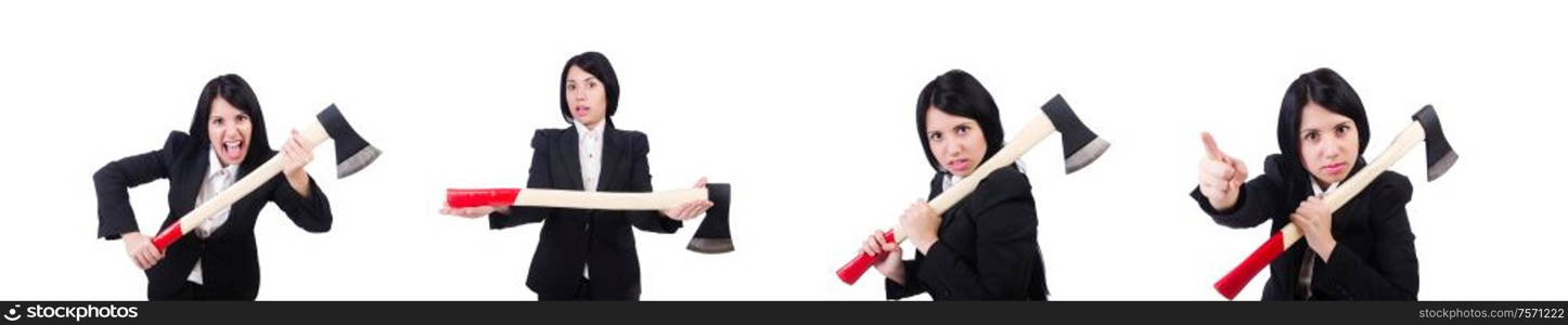 The angry businesswoman with axe on white. Angry businesswoman with axe on white