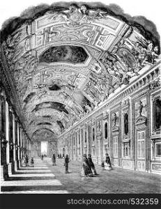 The Apollo Gallery in the Louvre, vintage engraved illustration. Magasin Pittoresque 1852.