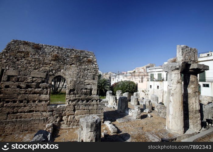 the apollo Temple in the old town of Siracusa in Sicily in south Italy in Europe.