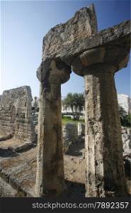the apollo Temple in the old town of Siracusa in Sicily in south Italy in Europe.