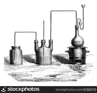 The apparatus for producing the chlorine gas, vintage engraved illustration. Magasin Pittoresque 1857.