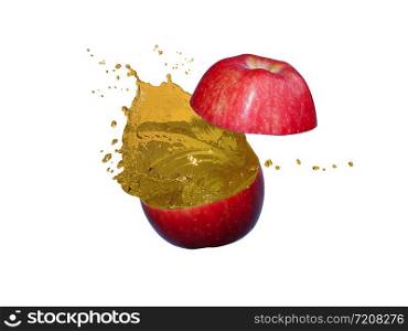 The apples is cut into two parts and the apple juice is splash on white background