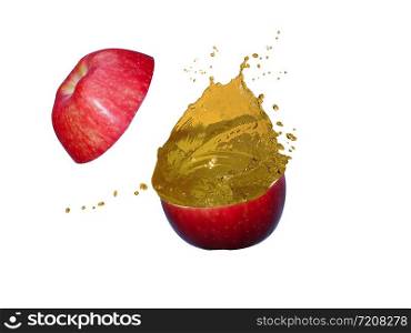 The apples is cut into two parts and the apple juice is splash