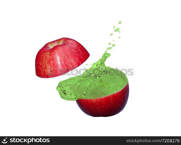 The apples is cut into two parts and the green apple juice is splash