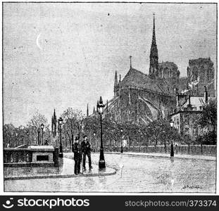 The apse of Notre Dame seen from St. Louis bridge, vintage engraved illustration. Paris - Auguste VITU ? 1890.