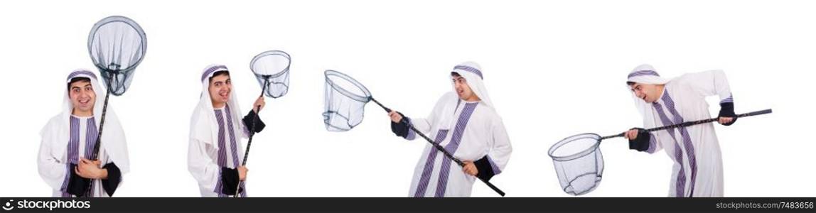 The arab businessman with catching net on white. Arab businessman with catching net on white