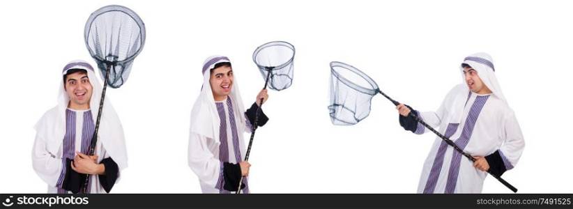 The arab businessman with catching net on white. Arab businessman with catching net on white