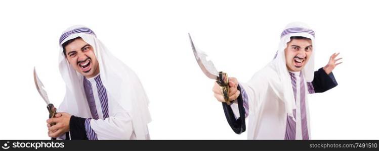The arab man with knife isolated on white. Arab man with knife isolated on white