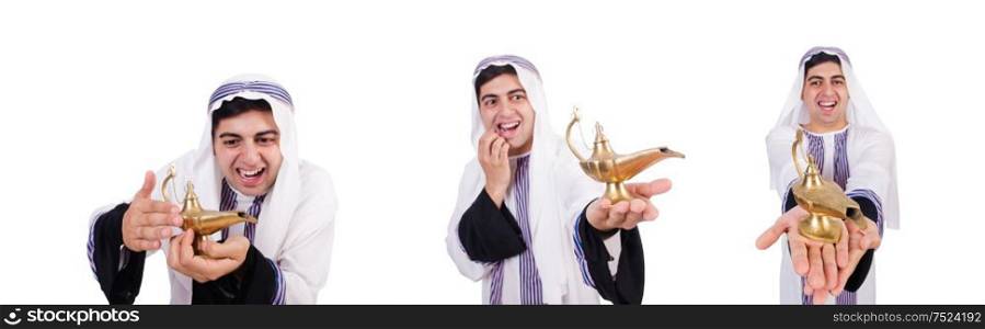 The arab man with lamp isolated on white. Arab man with lamp isolated on white
