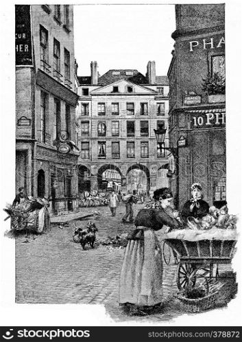 The arcades of the rue de la Ferronnerie, vintage engraved illustration. Paris - Auguste VITU ? 1890.
