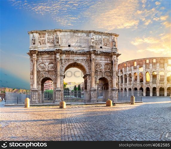 The Arch of Constantine near the Coliseum, famous ancient triumphal arch of Rome, Italy.. The Arch of Constantine near the Coliseum, famous ancient triumphal arch of Rome, Italy