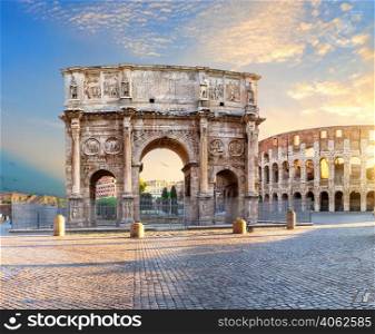 The Arch of Constantine near the Coliseum, famous ancient triumphal arch of Rome, Italy.. The Arch of Constantine near the Coliseum, famous ancient triumphal arch of Rome, Italy