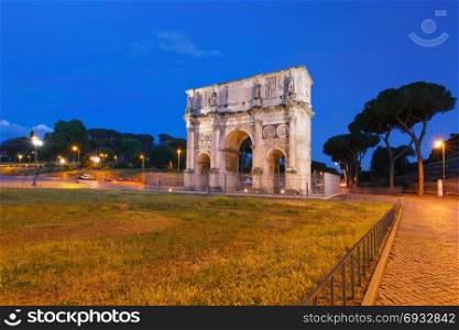 The Arch of Titus at night, Rome, Italy.. The Arch of Titus during blue hour, in the centre of the old city of Rome, Italy.
