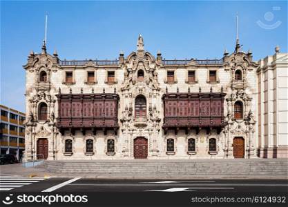 The Archbishop Palace of Lima is located on the Plaza Mayor of Lima, Peru