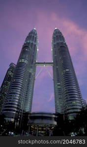 the architecture of the Petronas Twin Towers in the city of Kuala Lumpur in Malaysia. Malaysia, Kuala Lumpur, January, 2003