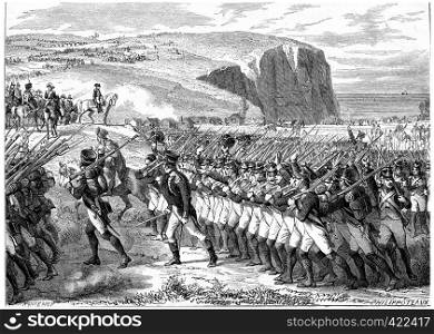The army left Boulogne, vintage engraved illustration. History of France ? 1885.
