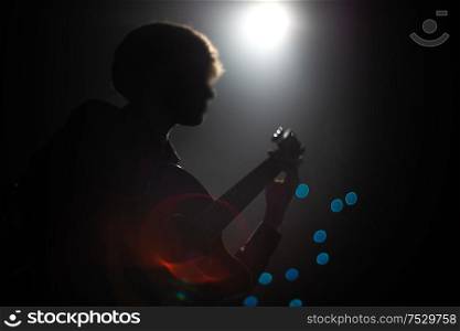 The artist plays the guitar. Rock band at a concert