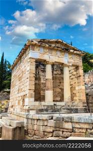The Athenian treasury in Delphi, Greece in a summer day
