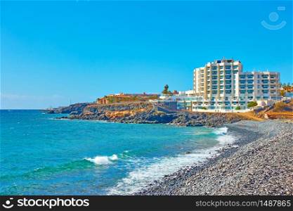The Atlantic Ocean and resort hotels on the coast of Tenerife, The Canary Islands