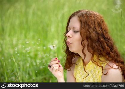 The attractive girl blows on a dandelion on a background of a lawn
